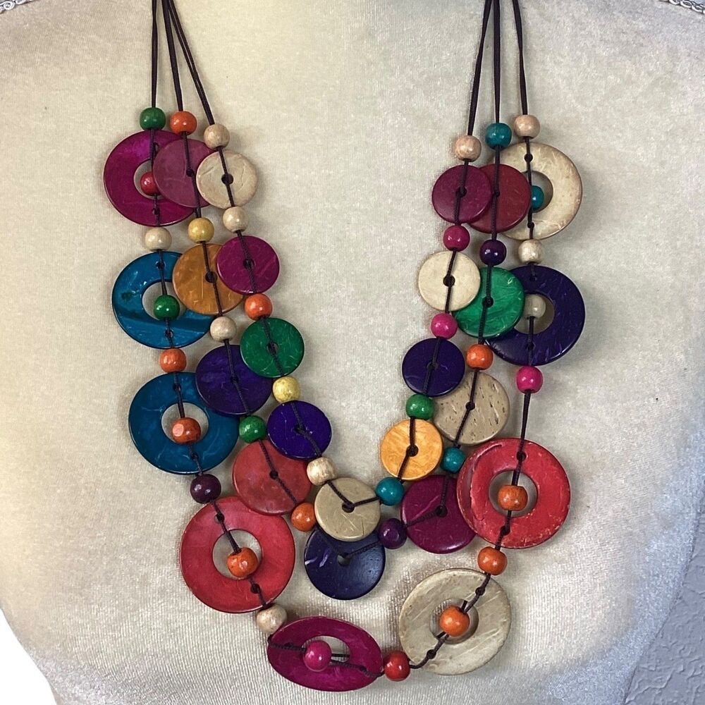 Multicolor Wood Bead Disc Statement Necklace Boho Layered Bib Wood Jewelry 25 in